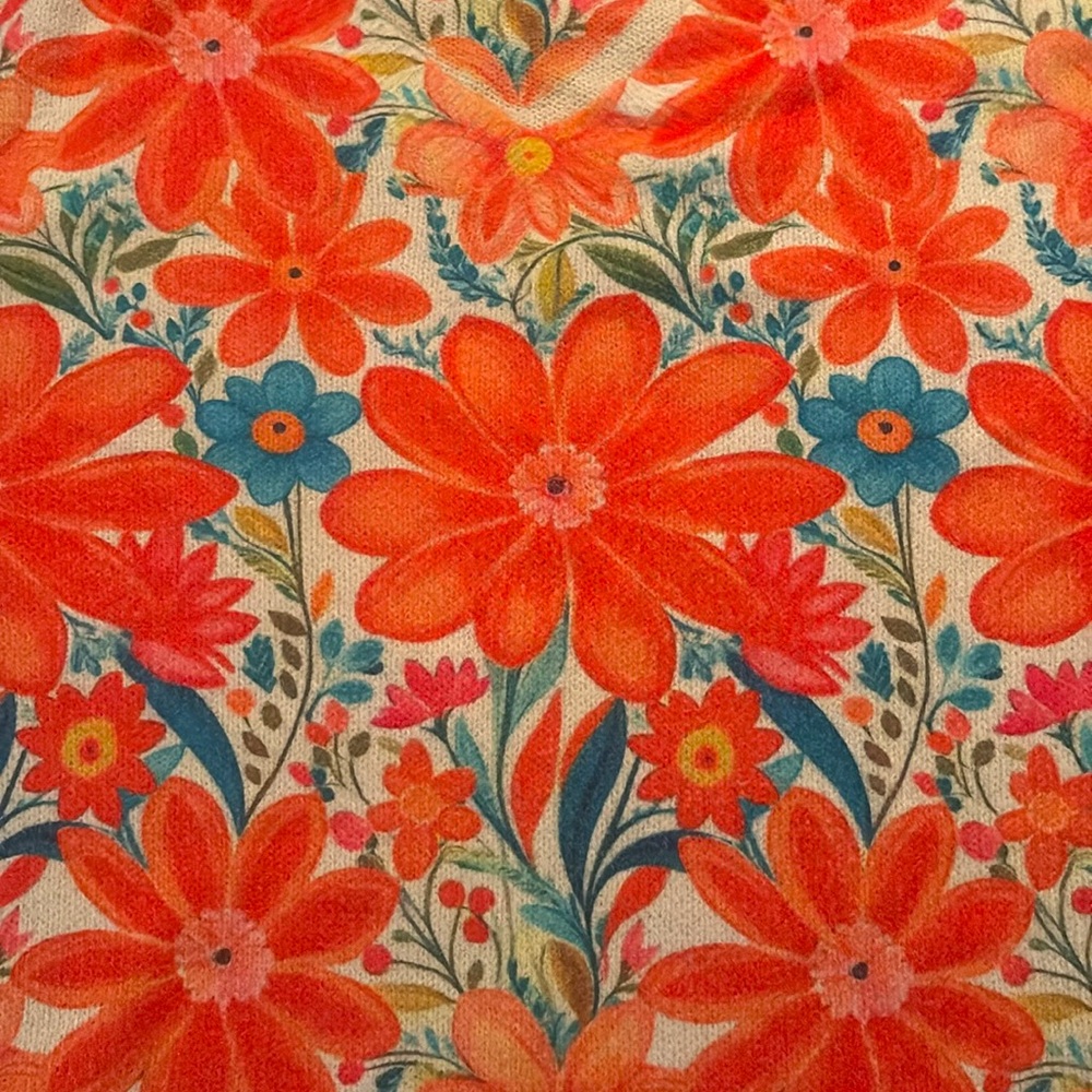 Floral Medium Weight Pullover Top V Neck 3/4 Sleeves Orange Blue Cream 4XL - Picture 2 of 8